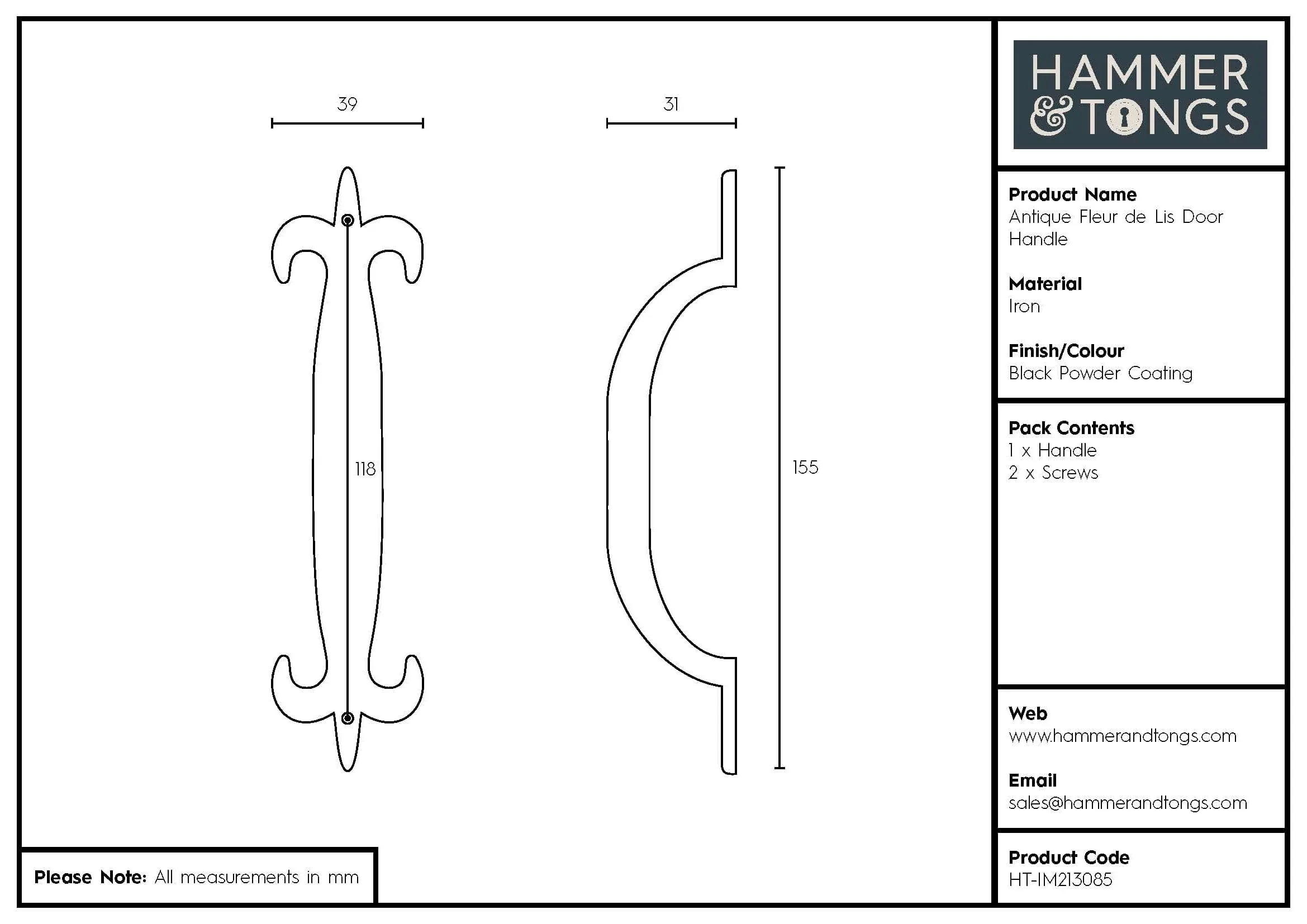 155mm Black Antique Fleur De Lis Door Handle - By Hammer & Tongs