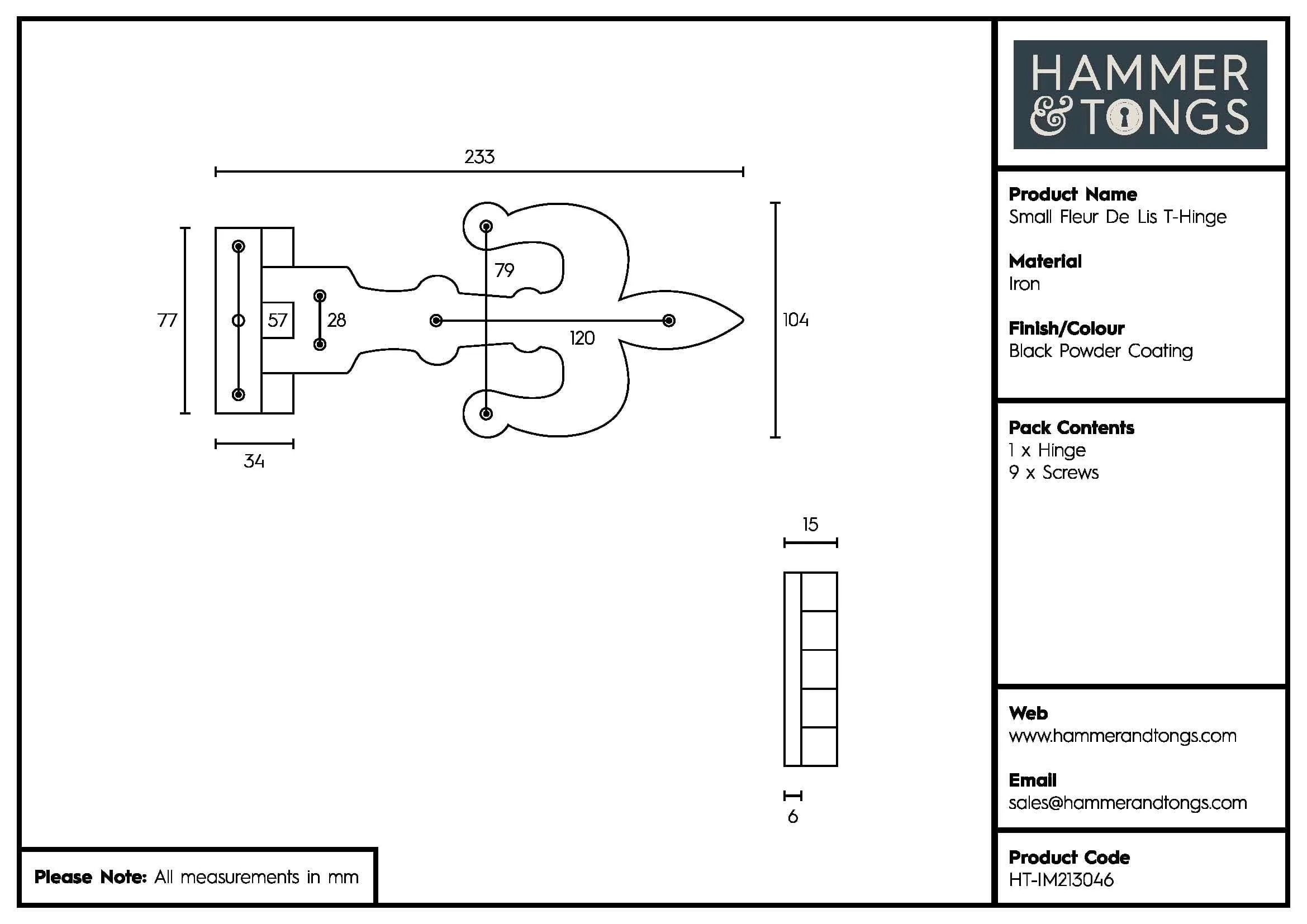 235mm Black Fleur De Lis T-Hinge - By Hammer & Tongs