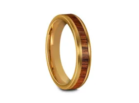 4MM HAWAIIAN Koa Wood Tungsten WEDDING BAND BEVELED AND YELLOW INTERIOR