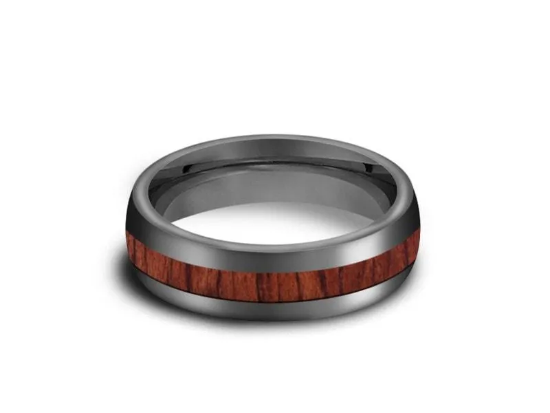 6MM HAWAIIAN Koa Wood Tungsten WEDDING BAND DOME AND GRAY INTERIOR