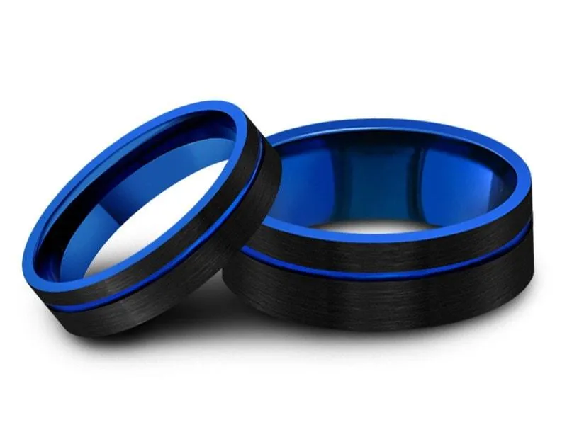 6MM/8MM BRUSHED BLACK Tungsten Wedding Band SET  FLAT AND BLUE INTERIOR