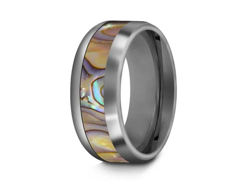 8MM Abalone Shell Tungsten Wedding BAND DOME AND GRAY INTERIOR