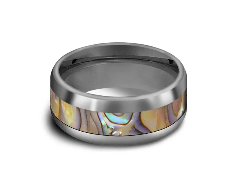 8MM Abalone Shell Tungsten Wedding BAND DOME AND GRAY INTERIOR