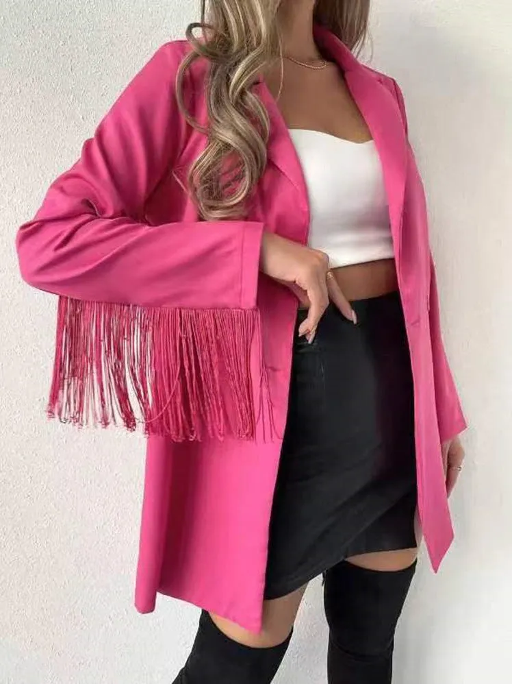 Blazer Manches Longues Franges Boutons Revers Unis