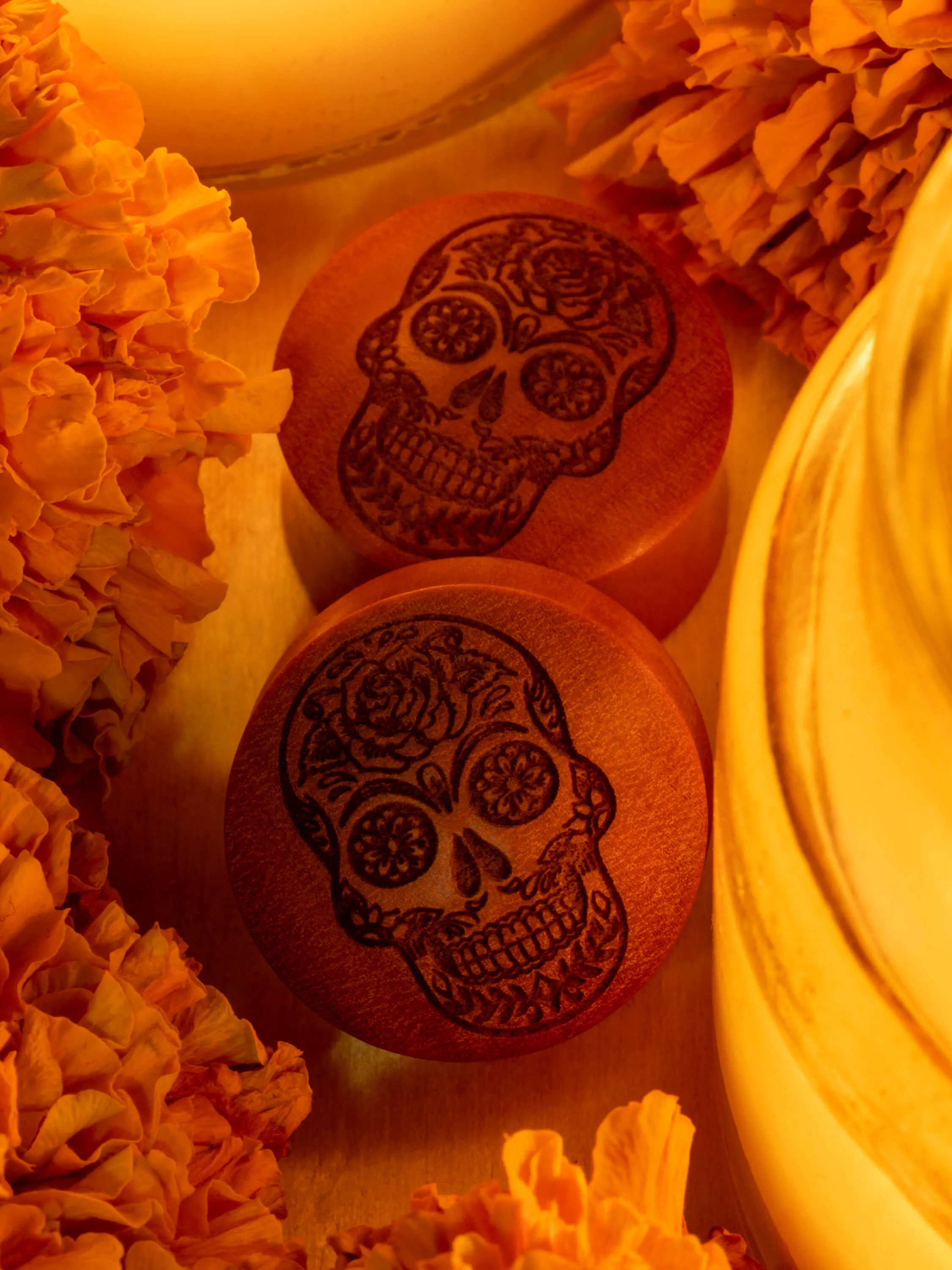 Dia De Los Muertos Skull Engraved Wood Plugs