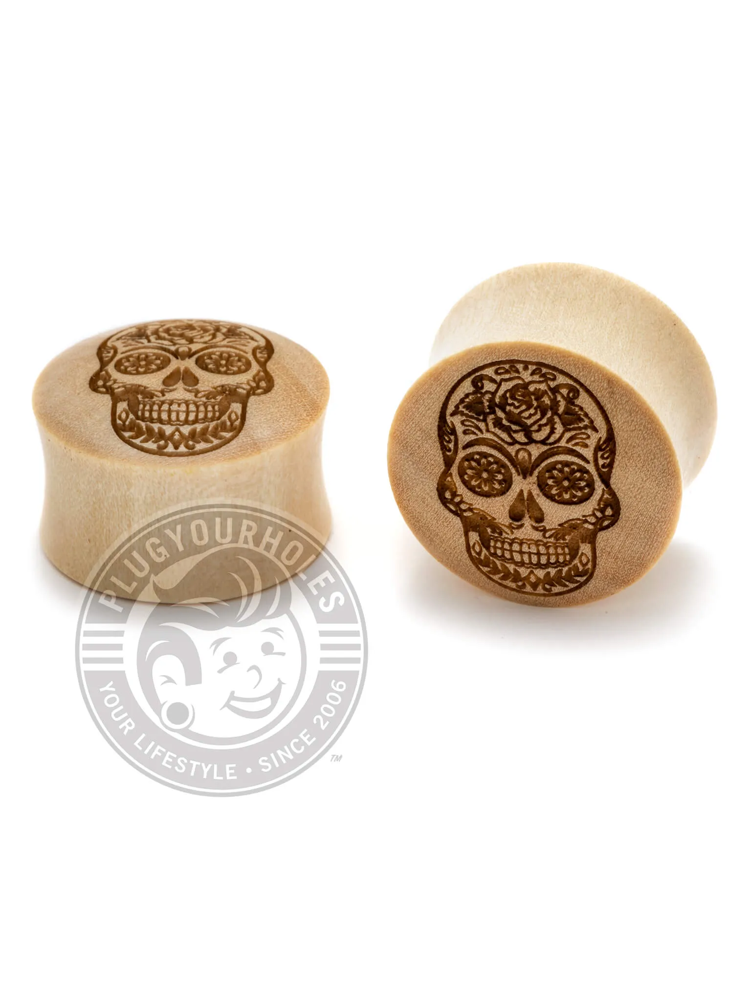 Dia De Los Muertos Skull Engraved Wood Plugs