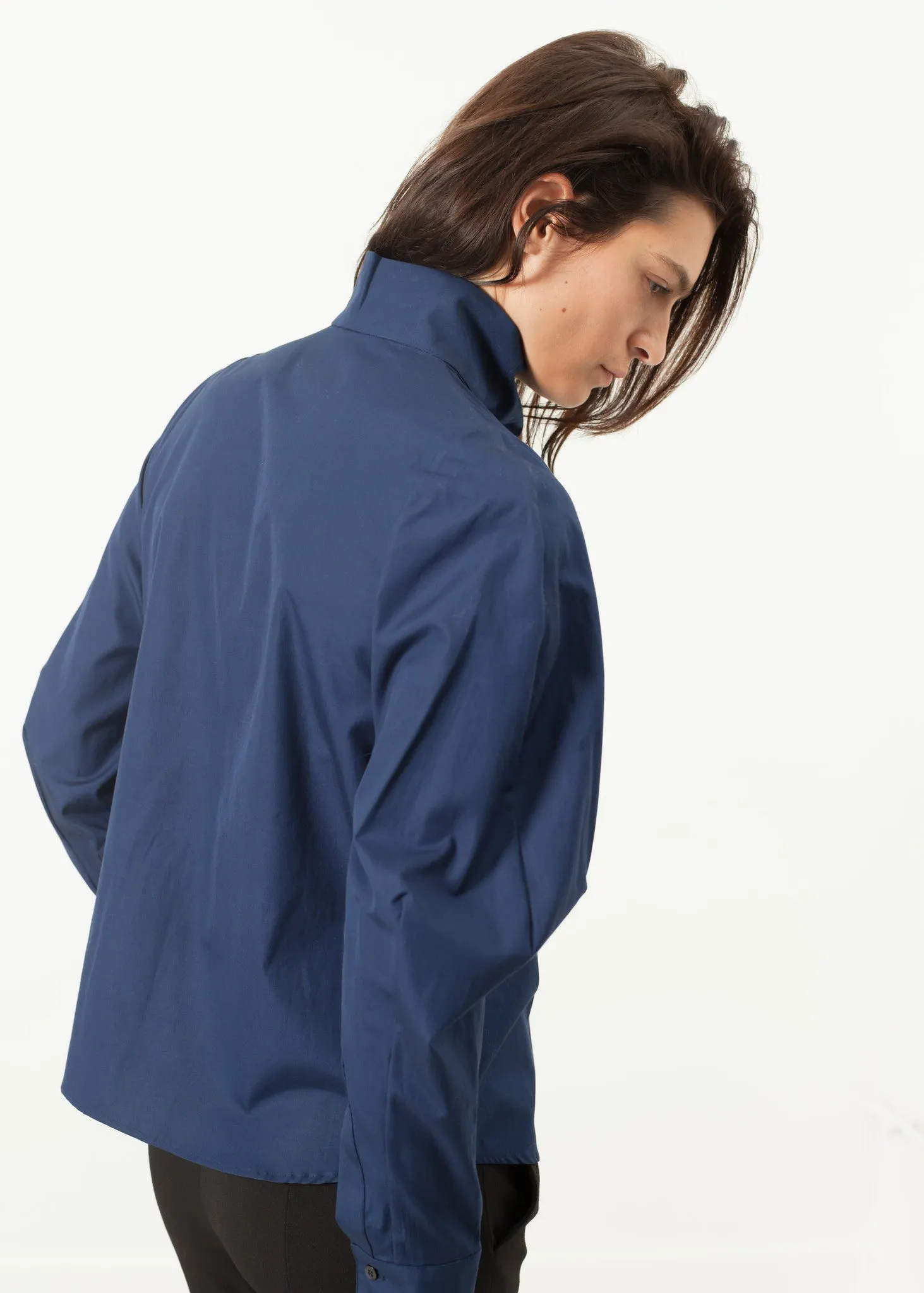 Full Collar Poplin Blouse in Navy -UEB