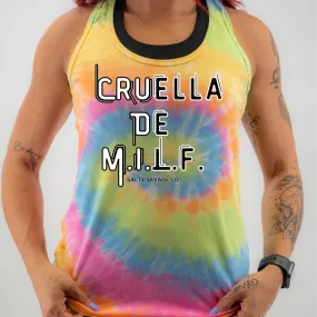 Ladies “CRUELLA DE M.I.L.F.” Racerback Tank | Tie Dye