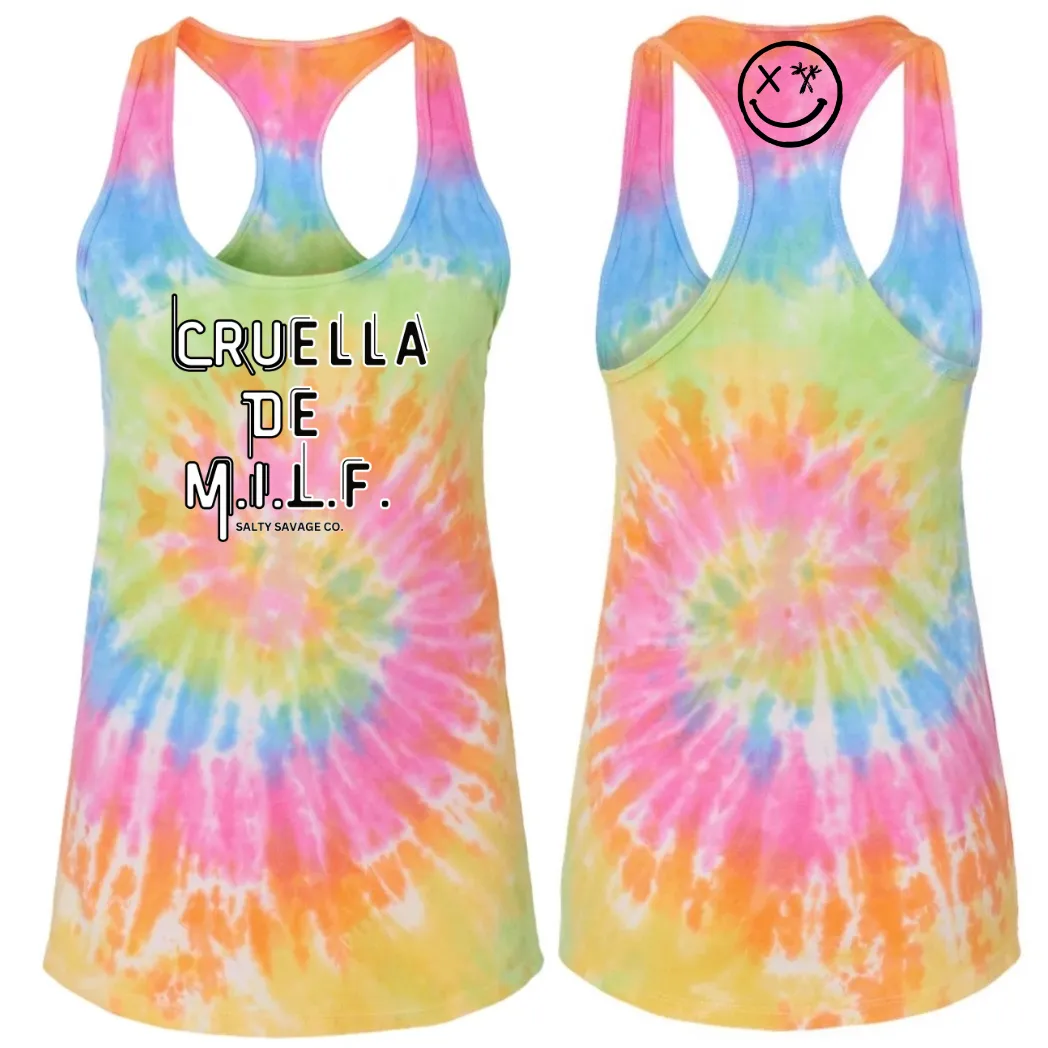 Ladies “CRUELLA DE M.I.L.F.” Racerback Tank | Tie Dye