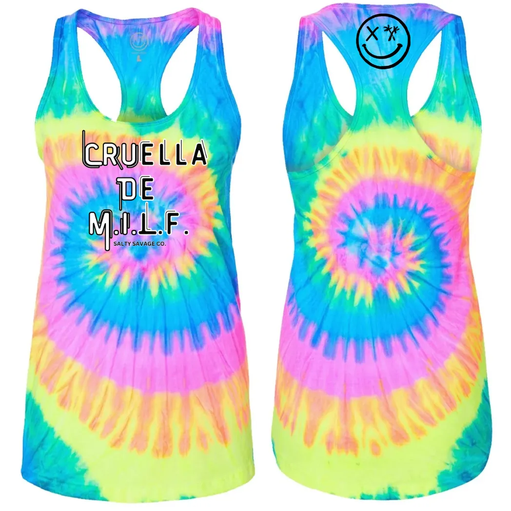 Ladies “CRUELLA DE M.I.L.F.” Racerback Tank | Tie Dye