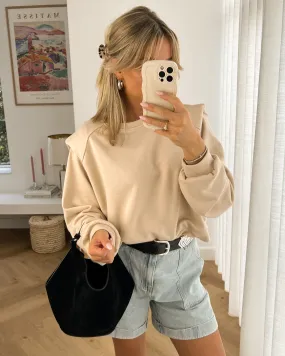 LOGAN - Shoulder Crop Sweatshirt in Beige