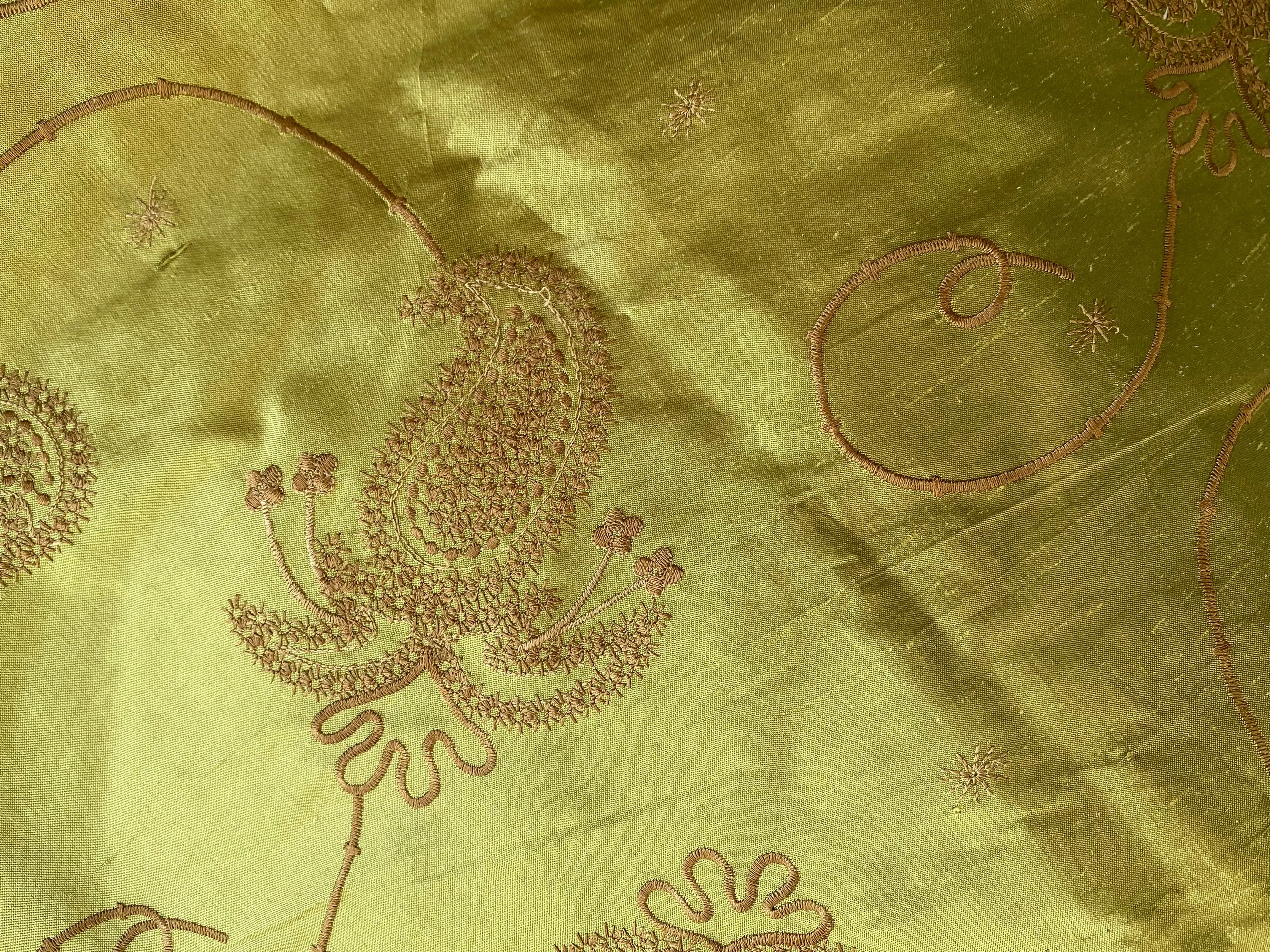 NEW Duchess Daria 100% Silk Dupioni Embroidered Floral Fabric- Chartreuse Gold with Copper Flowers