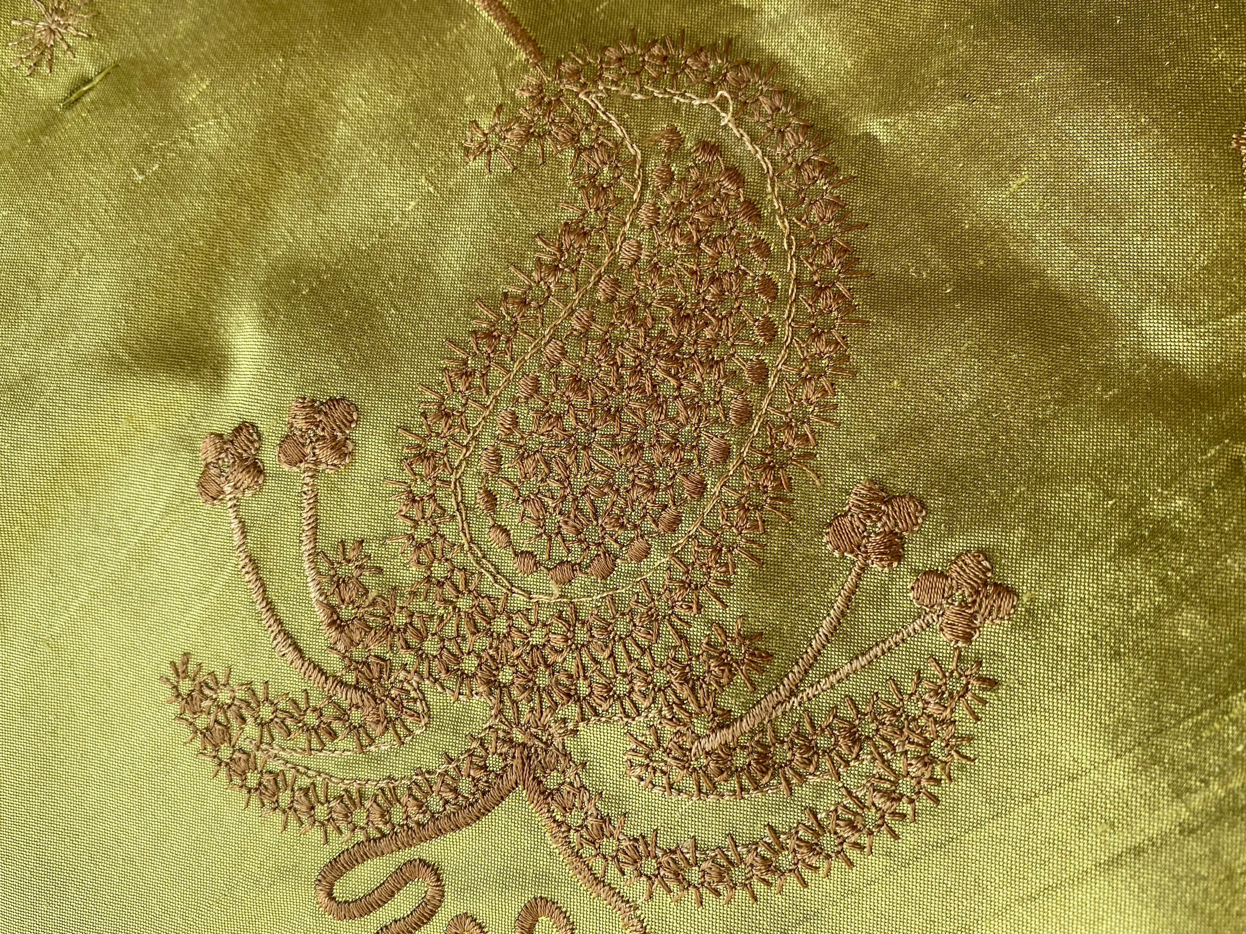 NEW Duchess Daria 100% Silk Dupioni Embroidered Floral Fabric- Chartreuse Gold with Copper Flowers