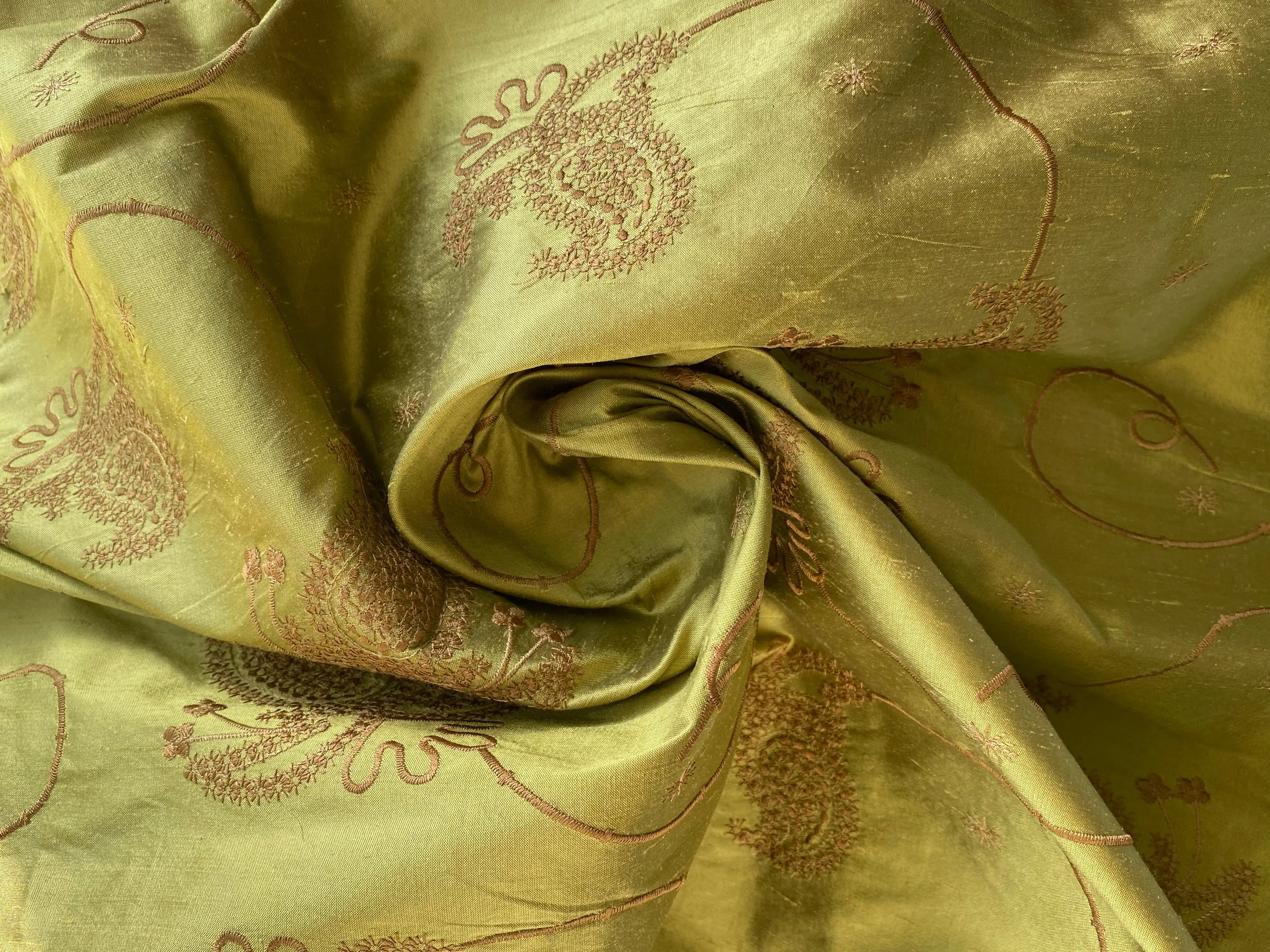 NEW Duchess Daria 100% Silk Dupioni Embroidered Floral Fabric- Chartreuse Gold with Copper Flowers