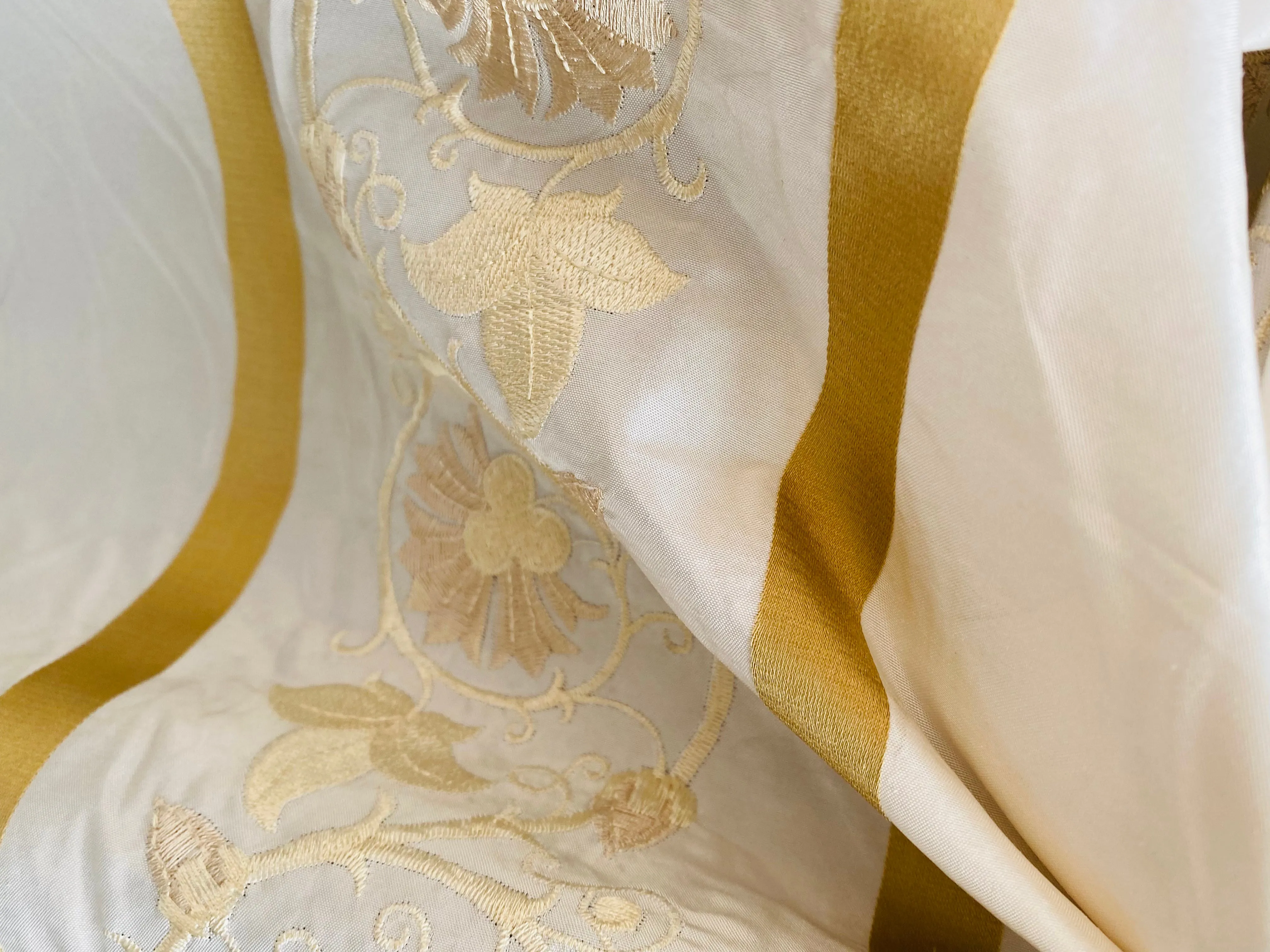 NEW Duchess Jezebel 100% Silk Taffeta Embroidered Scroll Stripe Floral Motif Cream White and Gold