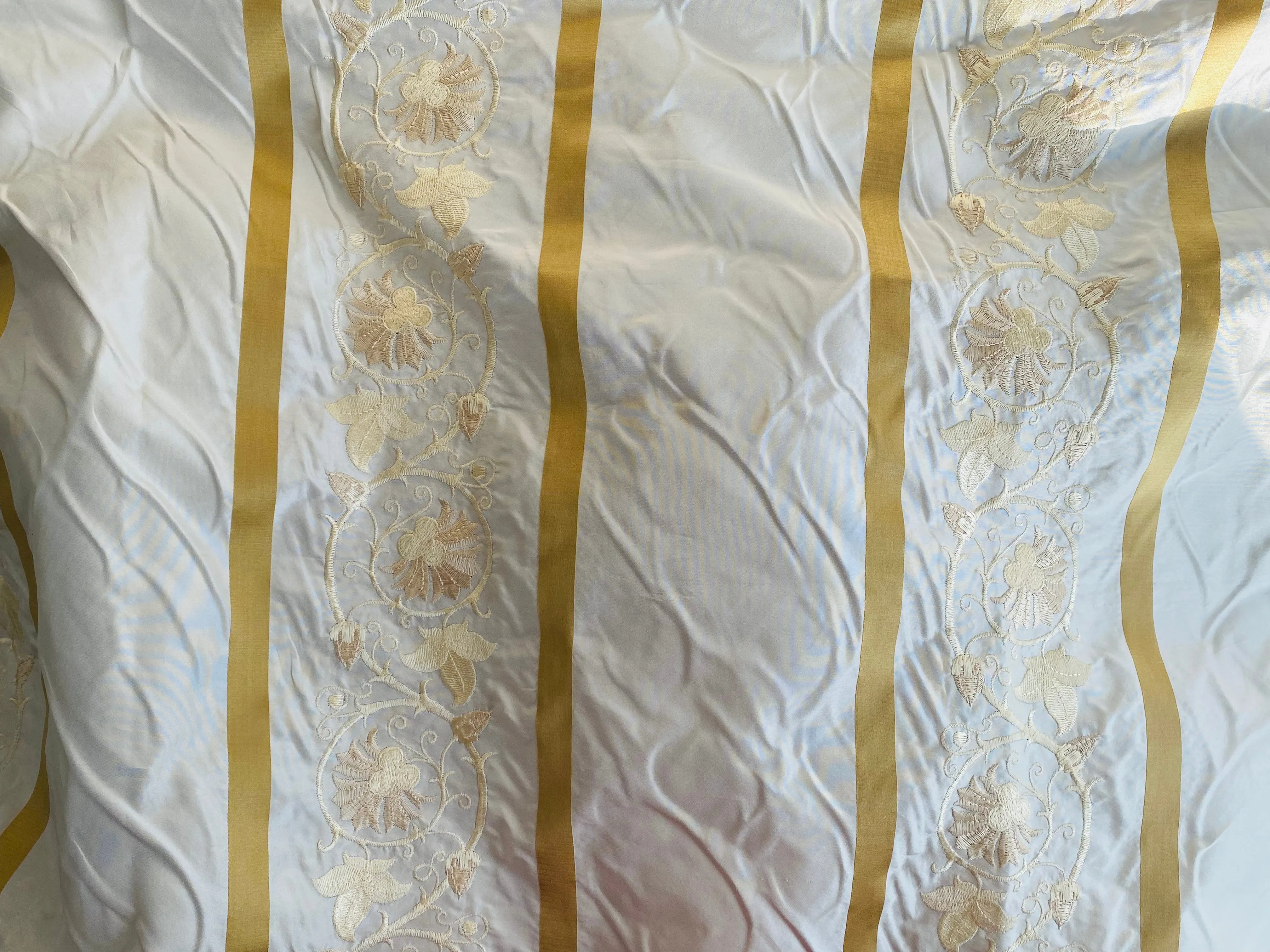 NEW Duchess Jezebel 100% Silk Taffeta Embroidered Scroll Stripe Floral Motif Cream White and Gold