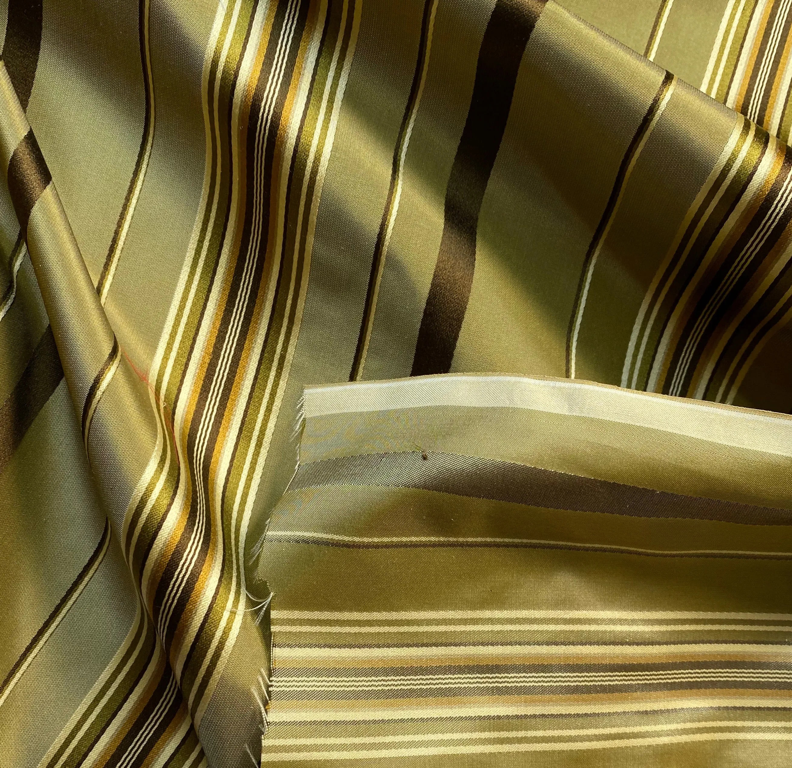 NEW Lady Grace Designer 100% Silk Fabric with Tone on Tone Olive Green & Gold Ribbon Stripes