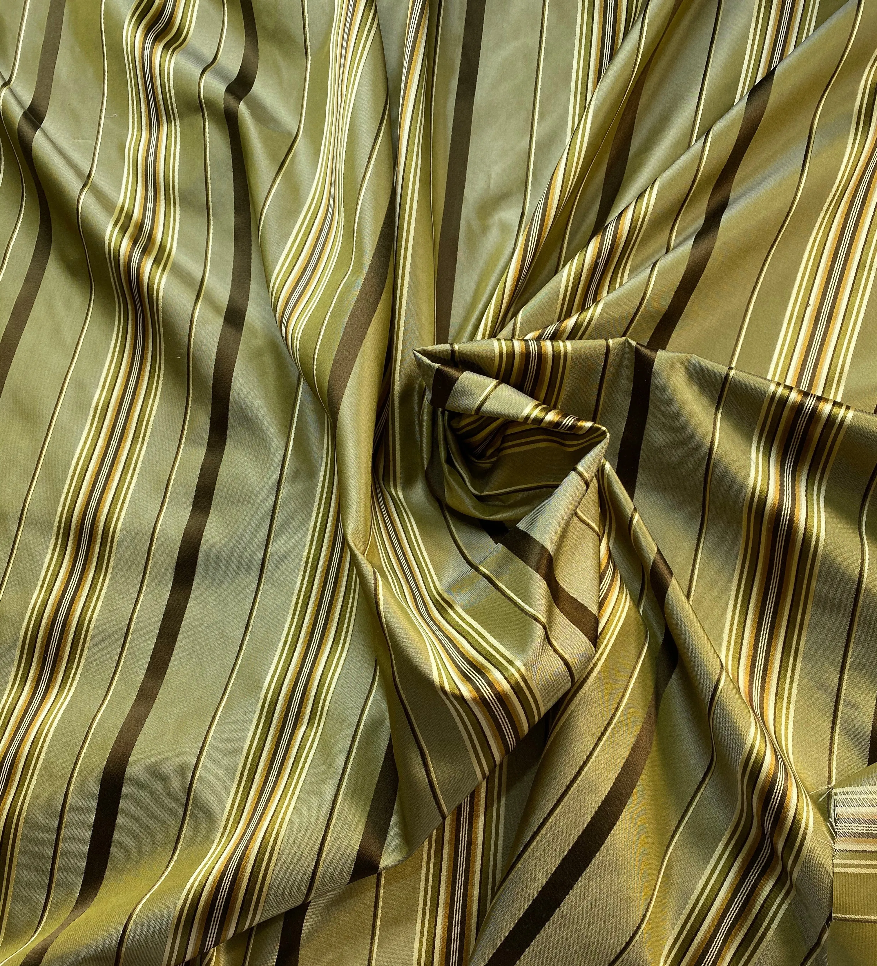 NEW Lady Grace Designer 100% Silk Fabric with Tone on Tone Olive Green & Gold Ribbon Stripes