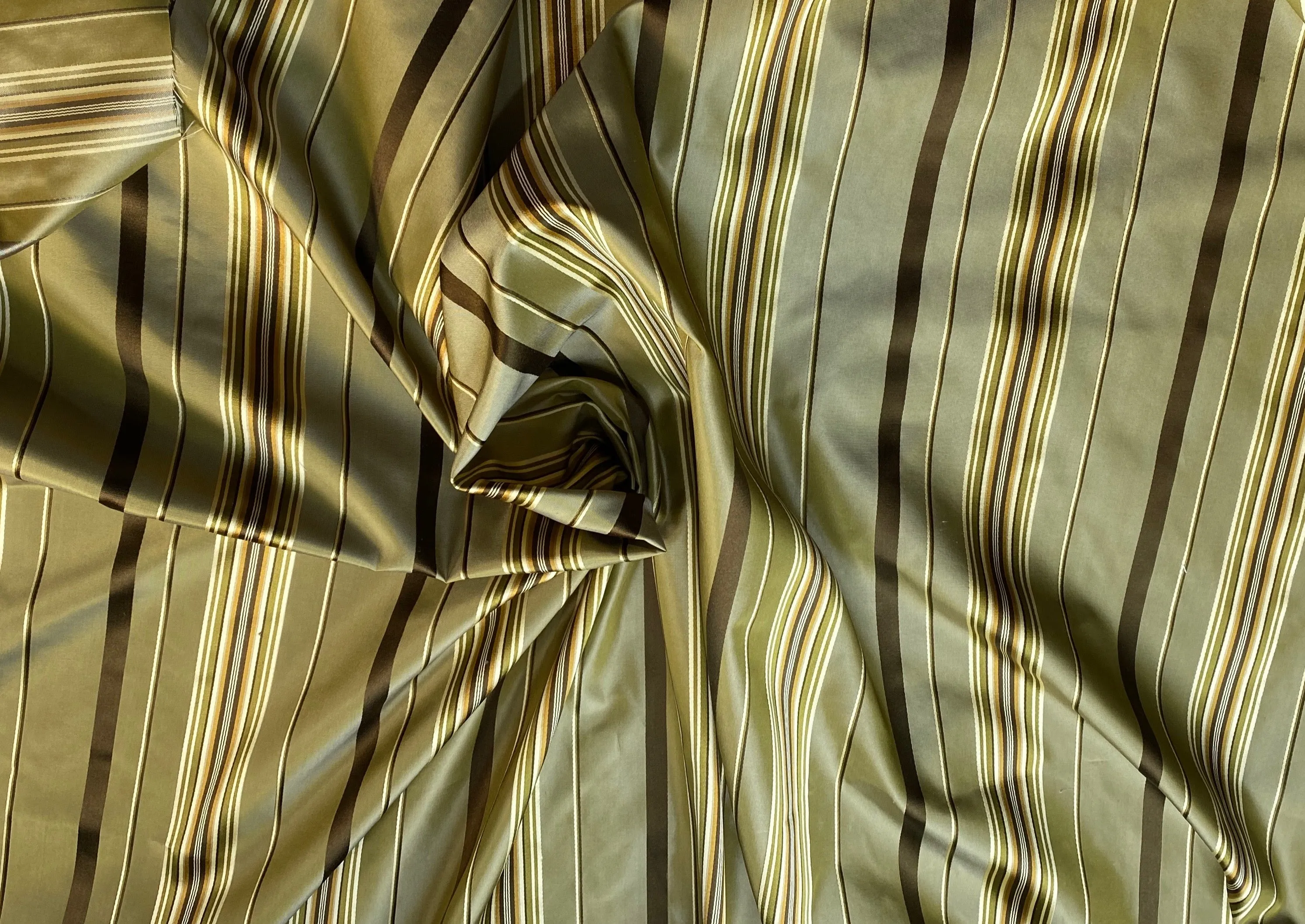 NEW Lady Grace Designer 100% Silk Fabric with Tone on Tone Olive Green & Gold Ribbon Stripes