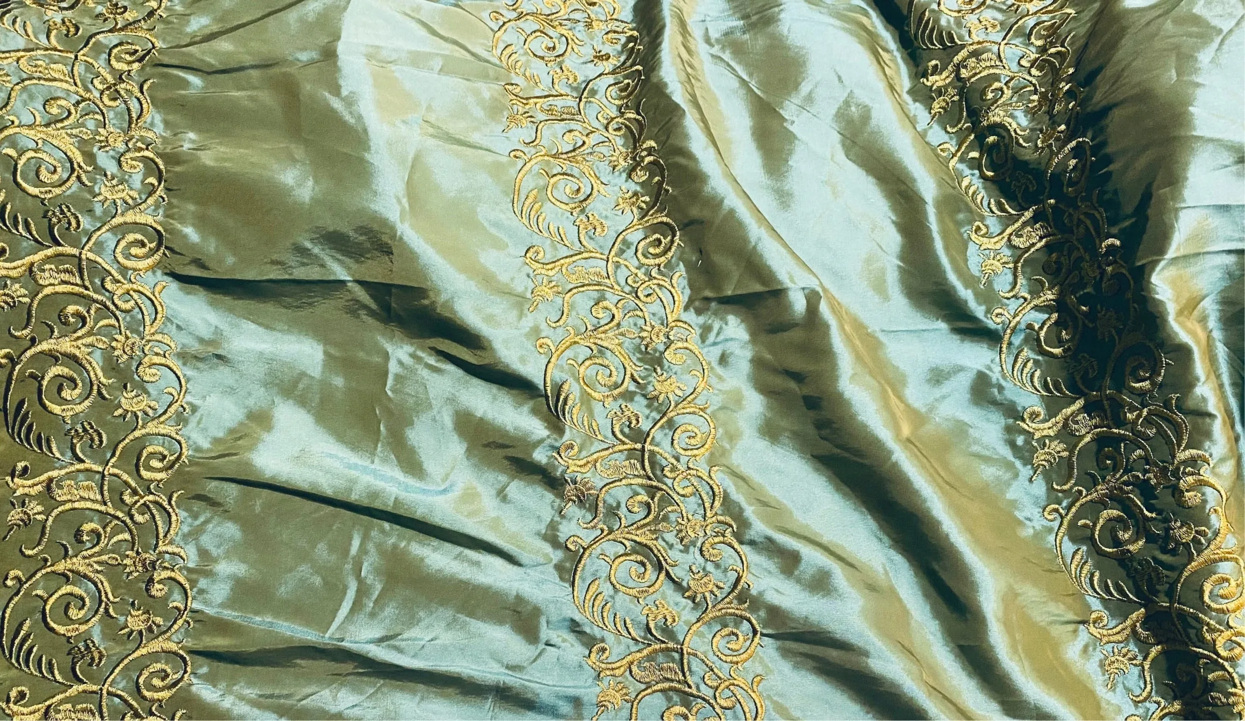 NEW Lady Linda Teal “Faux Silk”Embroidered Fabric in Teal and Gold