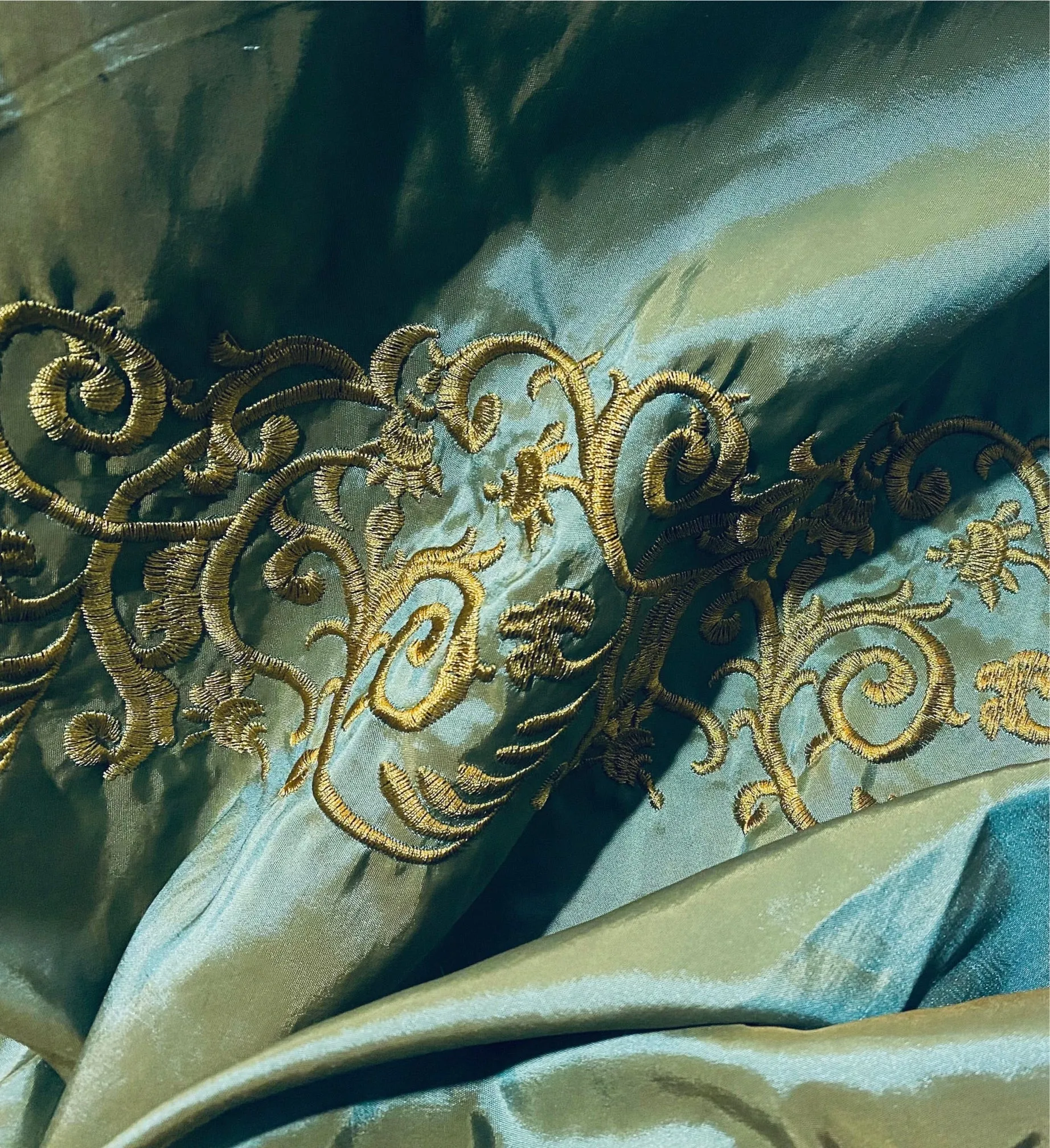 NEW Lady Linda Teal “Faux Silk”Embroidered Fabric in Teal and Gold