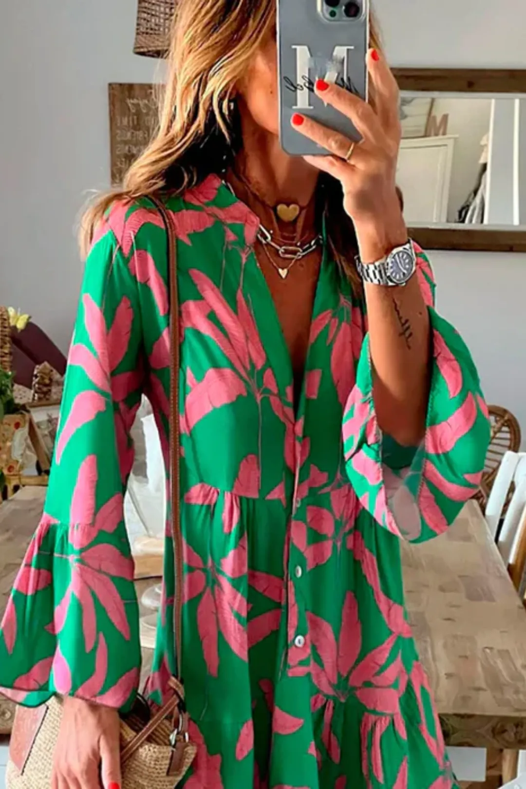 Vestido Midi Fresquinho Estampado Rosa e Verde Helena