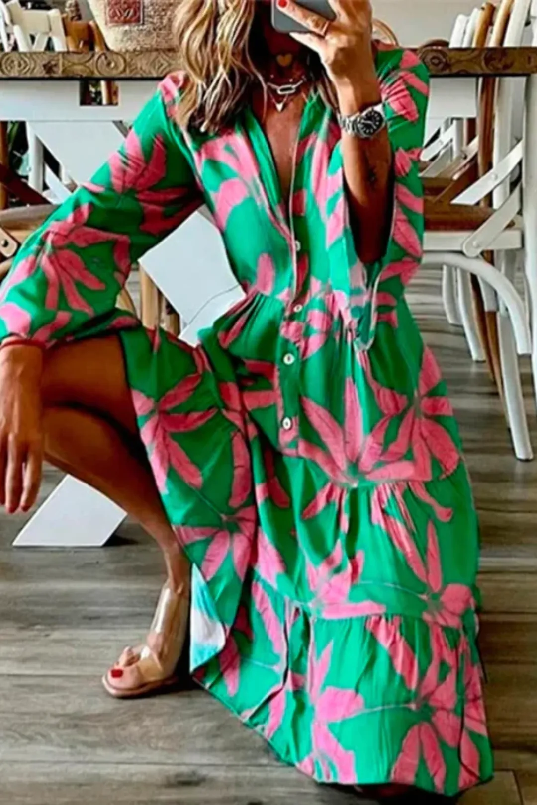 Vestido Midi Fresquinho Estampado Rosa e Verde Helena