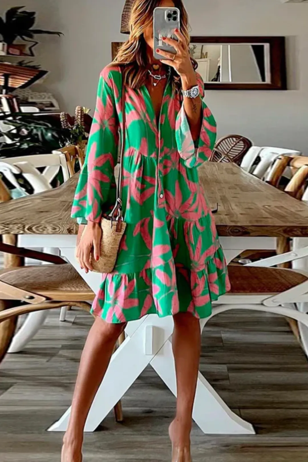 Vestido Midi Fresquinho Estampado Rosa e Verde Helena