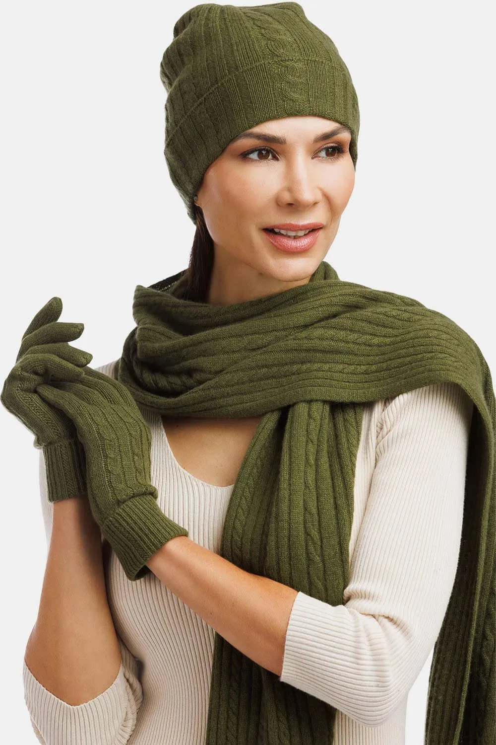 Women's 3pc 100% Pure Cashmere Cable Knit Hat Glove Scarf Set with Gift Box