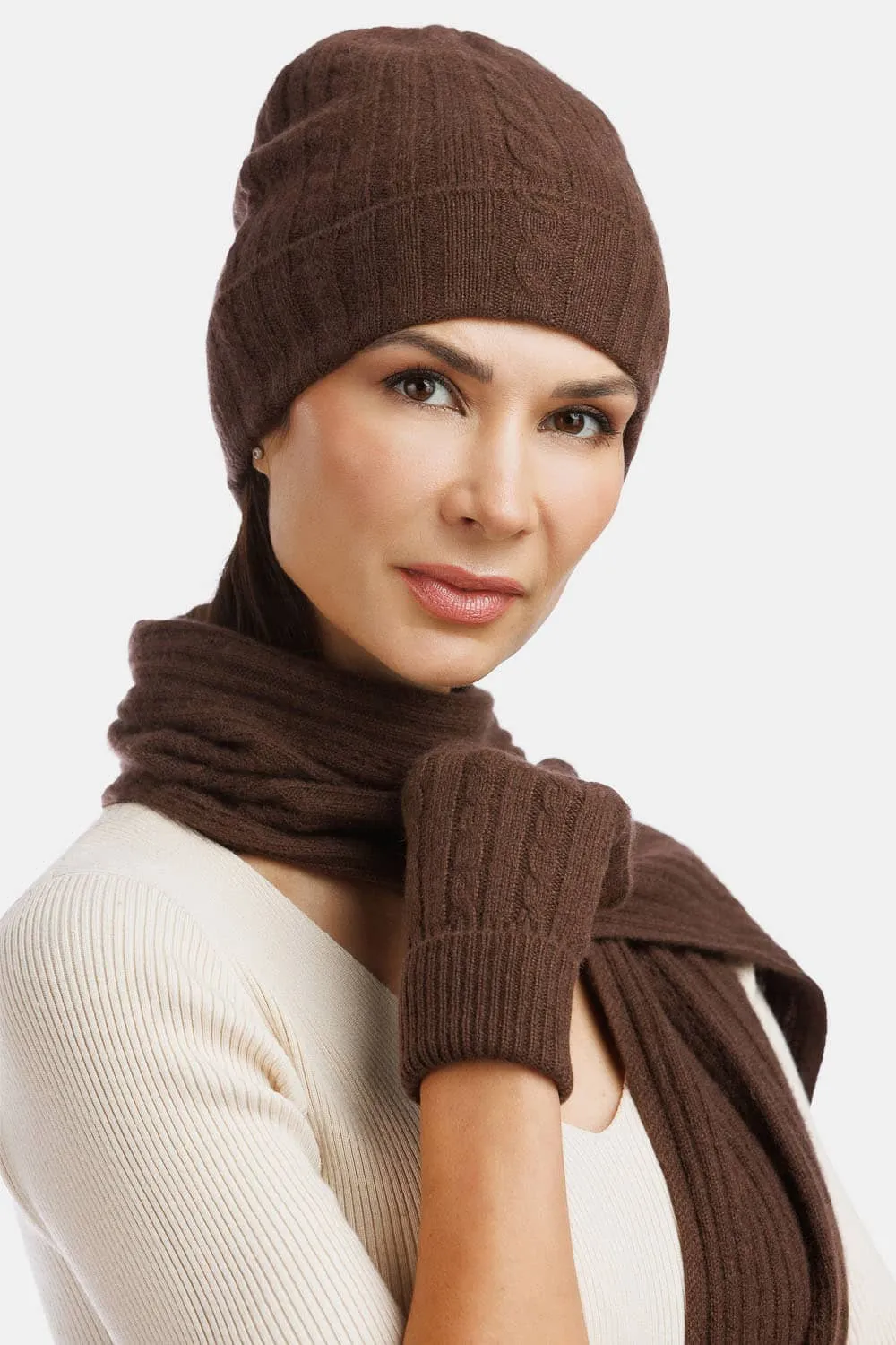 Women's 3pc 100% Pure Cashmere Cable Knit Hat Glove Scarf Set with Gift Box